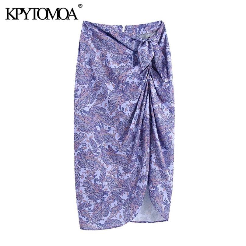 

KPYTOMOA Women Chic Fashion With Knot Paisley Print Wrap Midi Skirt Vintage High Waist Back Zipper Female Skirts Mujer 210629, As picture