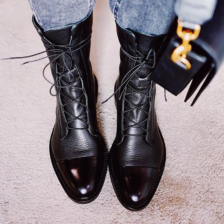 

Boots Patent Leather Women British Style Flat Black Pointed Toe Handsome Motorcycle Women's