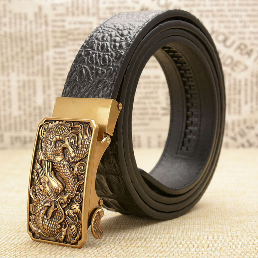 

Belts Accessories personality men's crocodile pattern body real youth Fashion China Dragon automatic buckle leather belt, Black