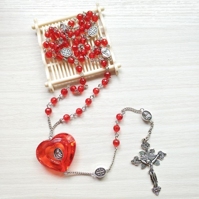 

Pendant Necklaces Teen Girls Boys Rosary Necklace Unique Heart Our Lady Medal Red Prayer Beads Chain Crucifix Cross Communion Jewelry Gifts