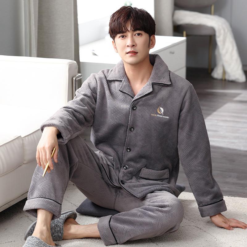 

Men's Sleepwear Winter Men Warm Thick Flannel Pajamas Suit Two Piece Set Homewear Male Loose Casual Coral Velvet Nightwear, Black;brown