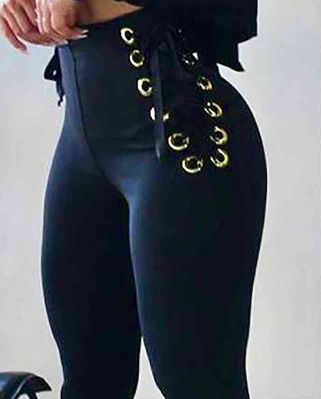 

camouflage print high waist eyelet womens pant lace-up skinny summer, Black;white