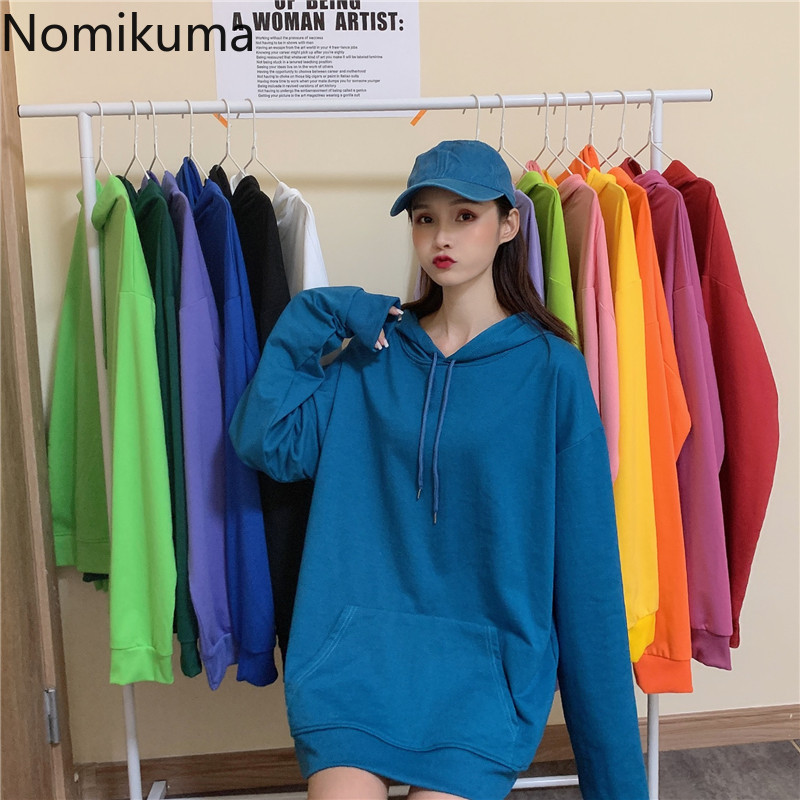 Nomikuma Women Causal Hooded Sweatshirt Autumn Winter New Solid Thin Hoody Long Sleeve Oversized Pullover Hoodies Top 6C326 210427