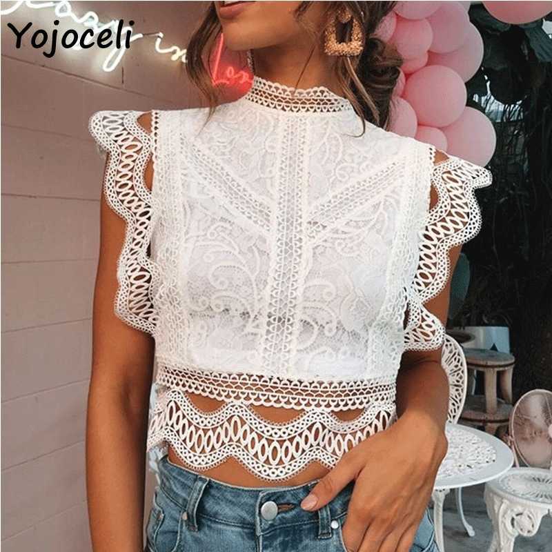 

Yojoceli sexy party club lace crochet shirt blouse hollow out tops casual 210609, White