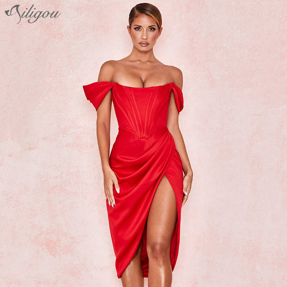 

Women's Summer Short Sleeve Off Shoulder Dress Sexy Red Split Club Party Vestidos 210527