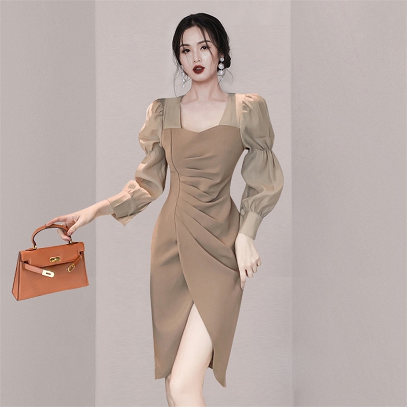 

korean Spring style puff sleeve skirt slim high waist solid color long temperament dress office party for women 210602, Apricot