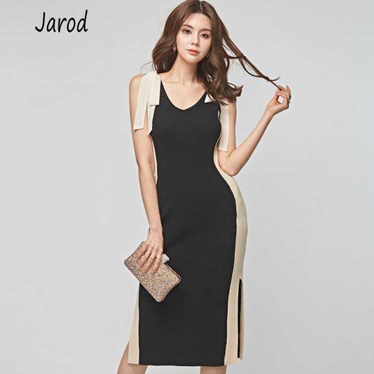 

Summer Sexy V Neck Bodycon Knitted Women Dress Sleeveless Hit Color Bow Sweater Fashion Split OL Vestidos 210526, Picture color