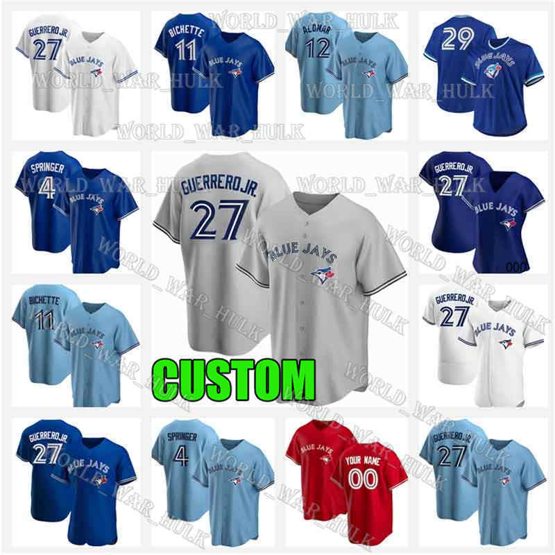 

Vladimir Guerrero 27 Jr. 2021 Custom Baseball Jerseys 4 George Springer 11 Bo Bichette 29 Joe Carter Roberto Alomar Cavan Biggio Blue, Gray