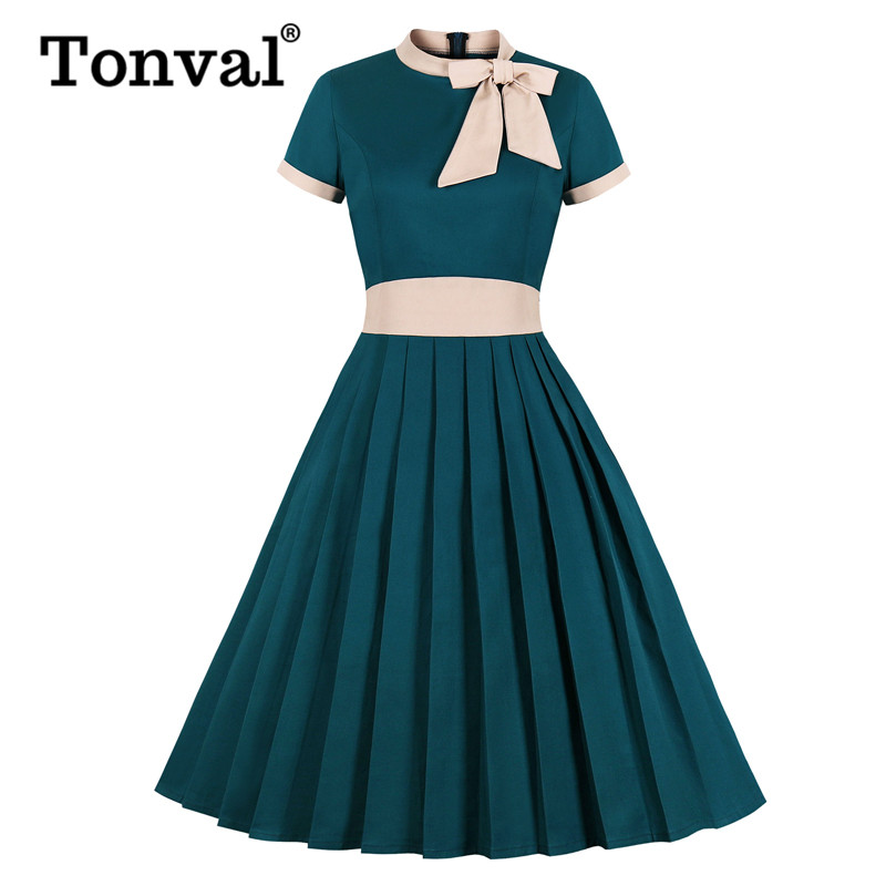 

Tonval Turquoise Bow Tie Neck Pleated Elegant Party Midi Dress Women Cotton Vintage High Waist Pocket Swing Dresses Plus Size, Black