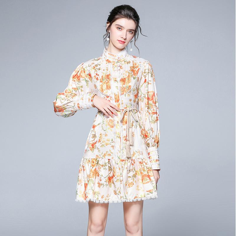 

Casual Dresses Print Women's Dress Party Girl Summer Fashion Long Sleeve Top Chiffon O-neck A-LINE Lady Knee-Length Houthion, Black;gray