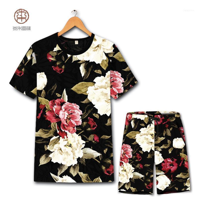 

Men's Tracksuits Chinese Style Exquisite Flower Pattern Printing T Shirt And Shorts Suit Summer 2021 Quality Soft Comfortable Mens Short Set, Gray