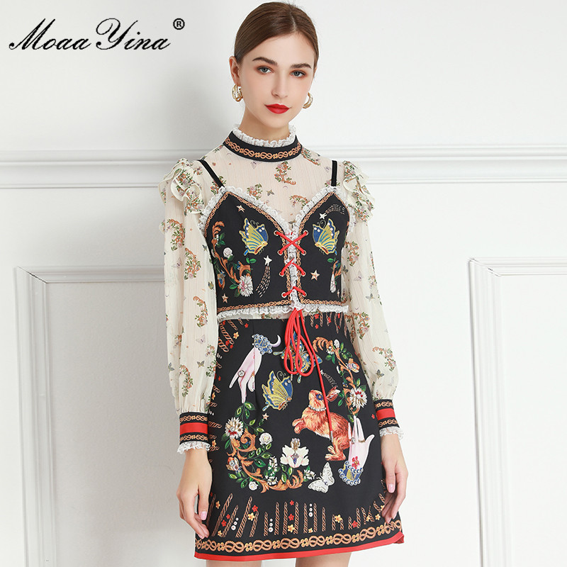 

Fashion Designer dress Spring Autumn Women' Dress Long sleeve Crystal Beaded Floral-Print Elegant Vintage Dresses 210524, Black