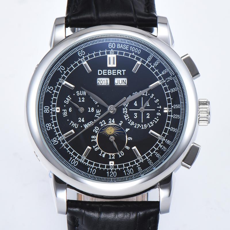 

Wristwatches Debert Moon Phase Leather Mens Automatic Watches Men Wrist Watch Calendar Top Sport Clock, Black