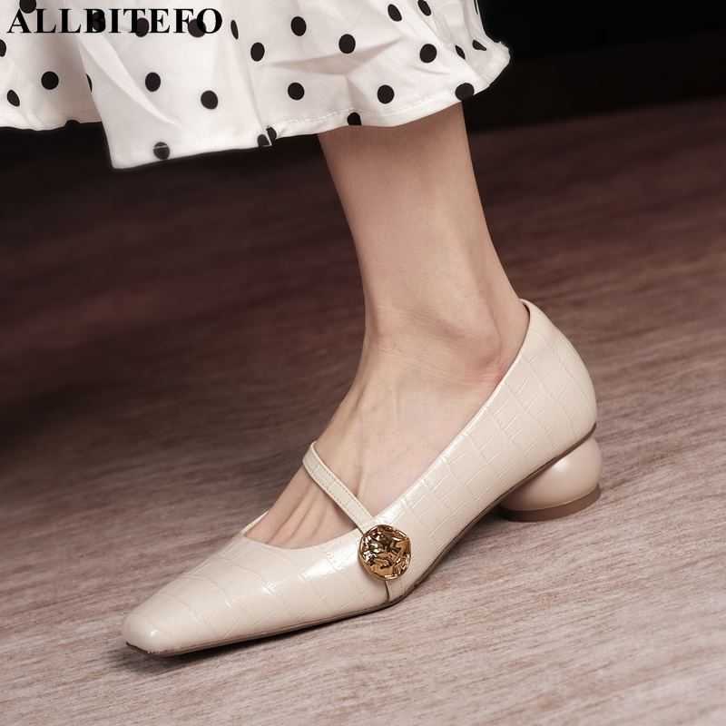 

ALLBITEFO metal design soft genuine leather women high heels square toe fashion kitten heels women heels high heel shoes 210611, As picture