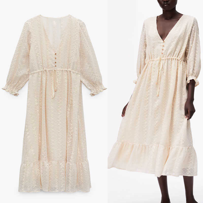 

Za Summer Dot Mesh Dress Women Long Puff Sleeve Drawstring Waist Pleated Dresses Fashion Ruffled Hem Woman Midi Tulle Dress 210602, As picture