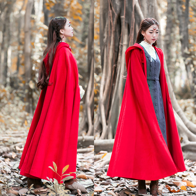 

2021 autumn winter women new retro cloak Hooded coat long section code red cloak warm coat ladies w89g