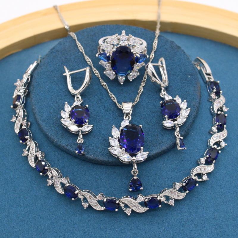 

Earrings & Necklace Royal Blue Stones Silver Color Jewelry Sets For Women Bracelet Ring Party Bridal Birthday Gift 2021