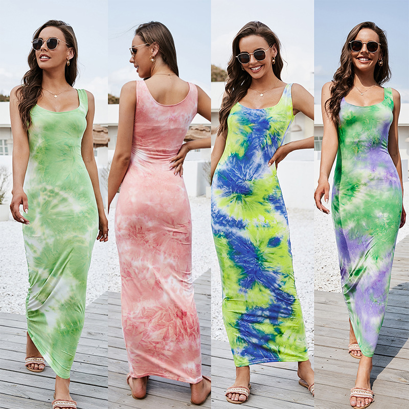 

Women Casual Long Dress Sleeveless Beach Sundress Flower Printed Sexy Scoop Neck Maxi Dresses Lady Fashion Tank Top Bohemian Ice Silk Summer Vestidos, White & green