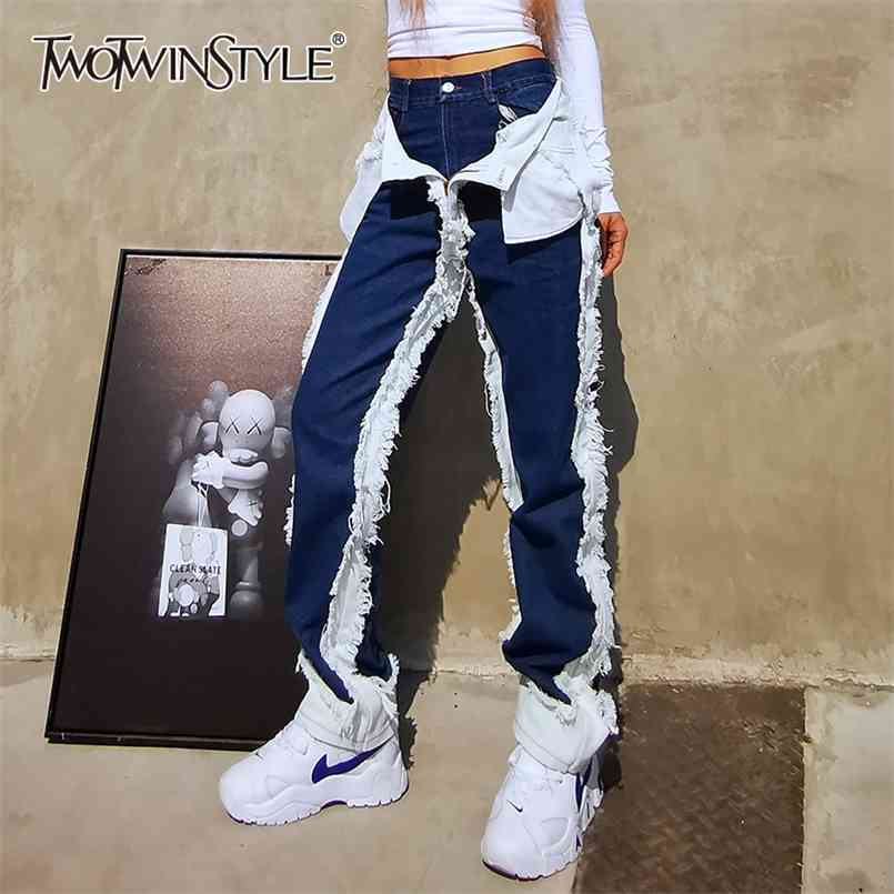 

Casual Patchwork Tassel Jeans For Women High Waist Pockets Turned Streetwear Pants Female Fashion Clothing Fall 210521, Blue