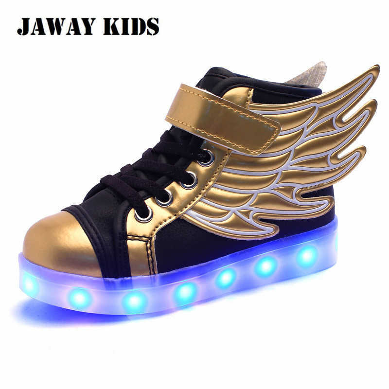 

Jawaykids Children Glowing Sneakers USB Rechargeable Angel's Wings Luminous Shoes for Boys,Girls LED Light Running Shoes Kids 210622, Gold-black