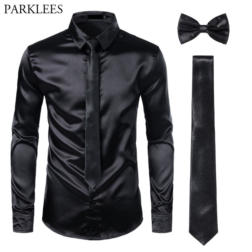 

Black Mens Silk Dress Shirts 3Pcs(Shirt +Tie+Bowtie) Smooth Satin Shirt Men Slim Fit Party Prom Casual Shirts Men Social Camisa 210708, Black black