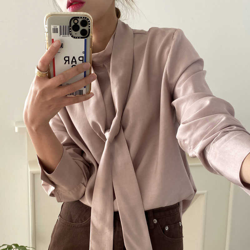 

Chic Bow Tie Strap Women Tops and Blouse Korean Office Loose Casual Long Sleeve Cliffon Shirt Woman Fashion Tops Female 13341 210527, Pink