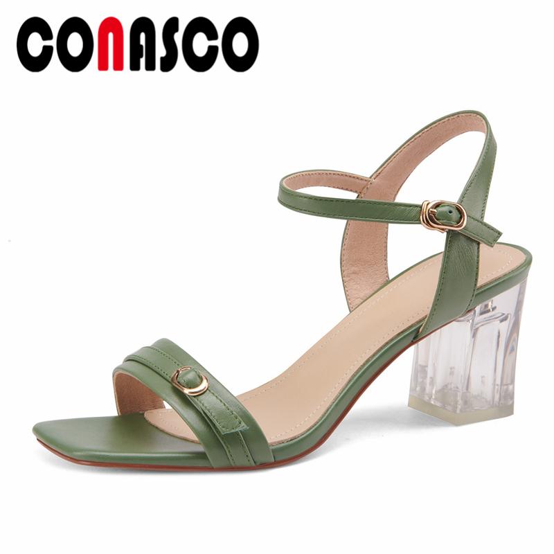 

Sandals CONASCO Summer Buckle Women Genuine Leather Crystal Thick Heels Pumps Casual Party 2021 Fashion Concise Shoes Woman, Black