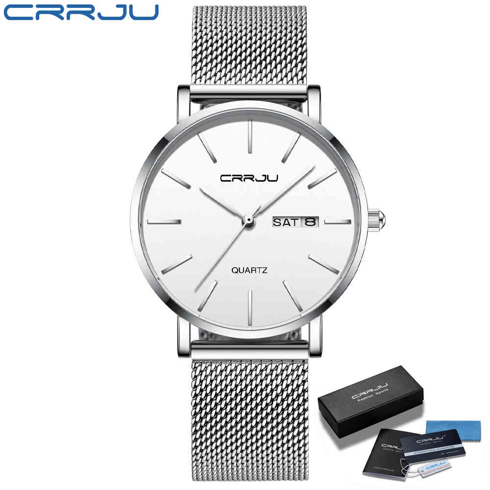 

Women Watches CRRJU Japan Quartz Movement Auto Date Minimalist Woman Wristwatch Lady 36mm Stainless Mesh watch relogio feminino 210517, Silver black