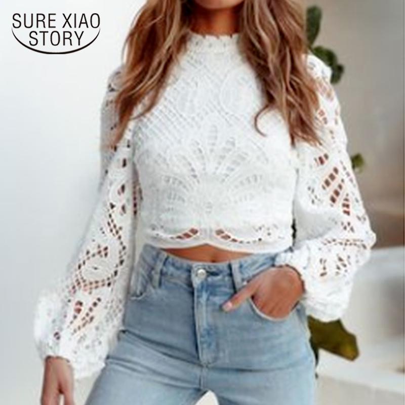 

Women's Blouses & Shirts Crochet Hollow Out Turtleneck Cropped Women Long Sleeve Lace White Tops Female Fashion Clothing 16296