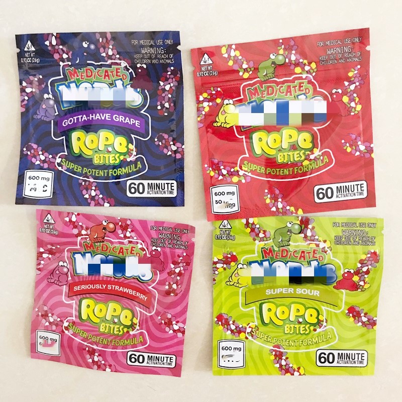 

In Stock Square Medicated rope Bites Packing bags 4types empty Gummy bag package smell proof baggie 600mg edible packaging vs cookies runtz mylar
