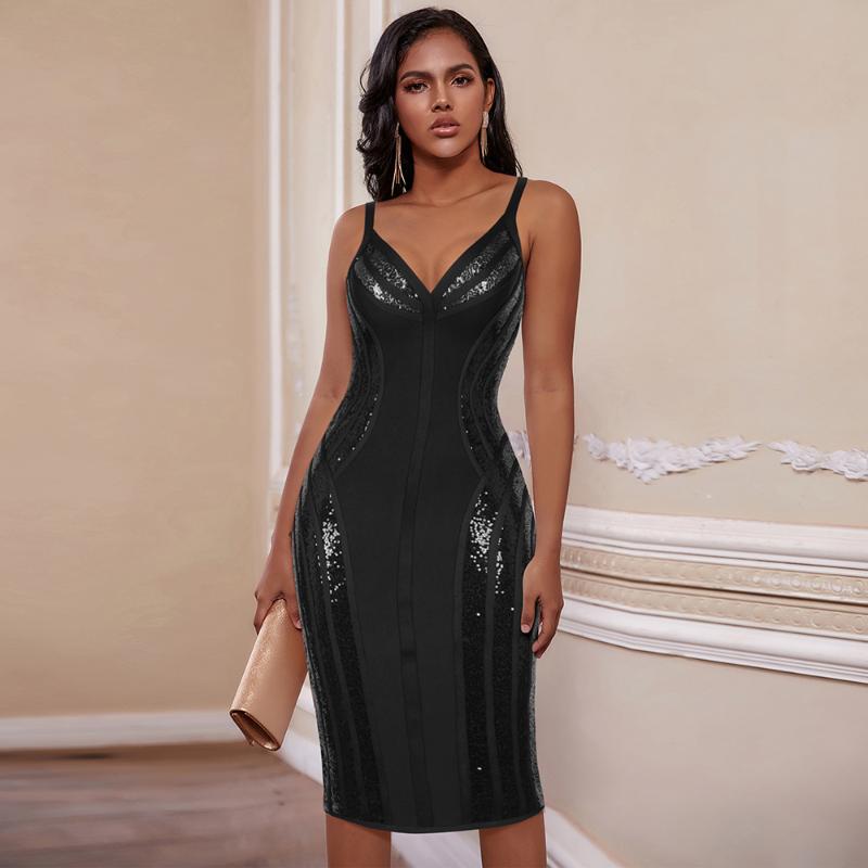 

Casual Dresses Ocstrade Sequined Bandage Dress 2021 Women Sexy Deep V Neck Black Bodycon Spaghetti Strap Club Party, As pic