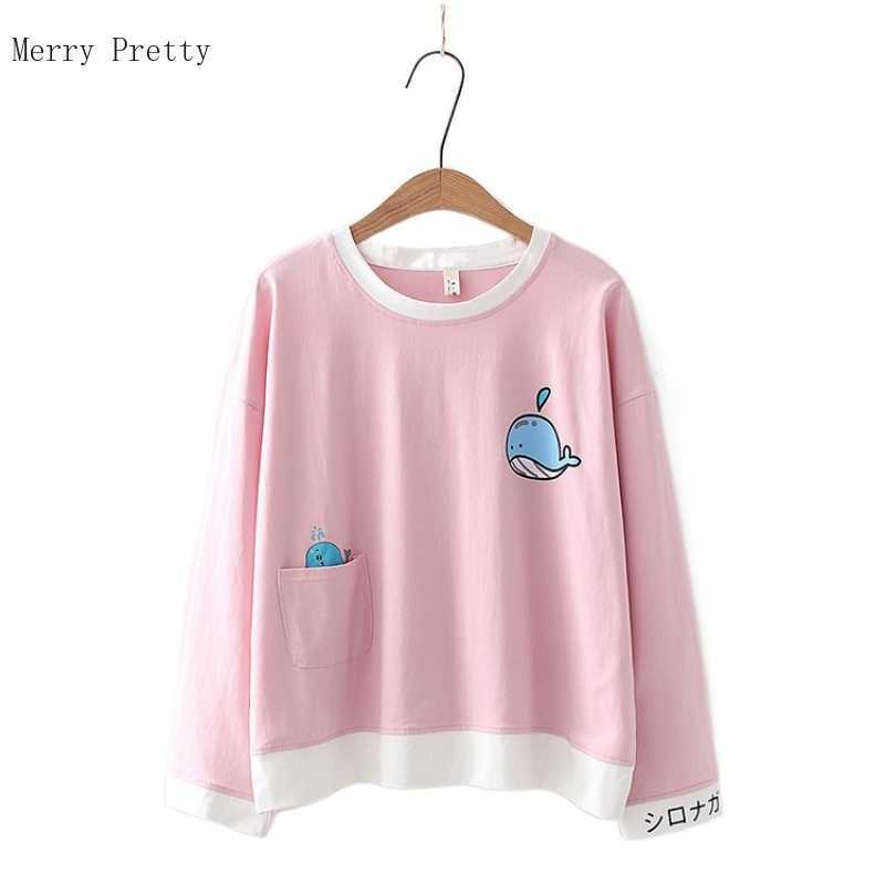 

Harajuku Cartoon Whale Print Cotton T-Shirts Women Clothing Summer Long Sleeve O-neck Korean Ladies Basic Cute Tops Tees 210526, White