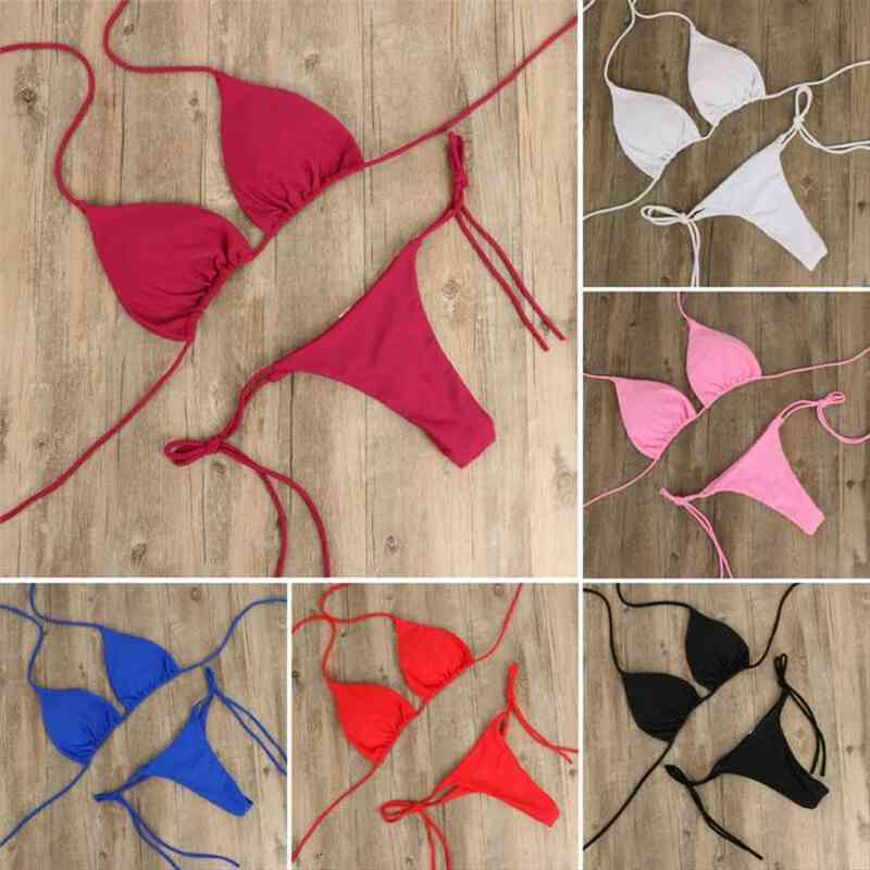

2pcs Women Summer Chic Womens Swimsuit Sexy Micro Bikini Set Bra Tied Side G String Thong Beach Triangle Bathing Swimming, White;black