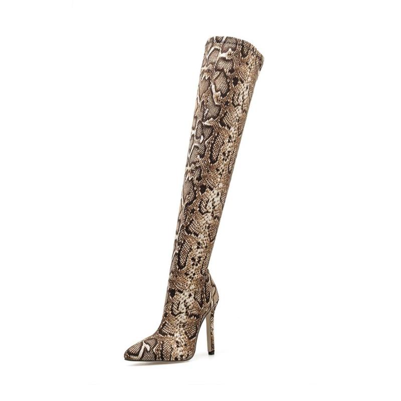 

Boots Sexy Snake Skin Print Woman Long Brown Pointed Toe Over The Knee Thigh High Heels Fashion Autumn Winter Shoes Female Botines, As picture