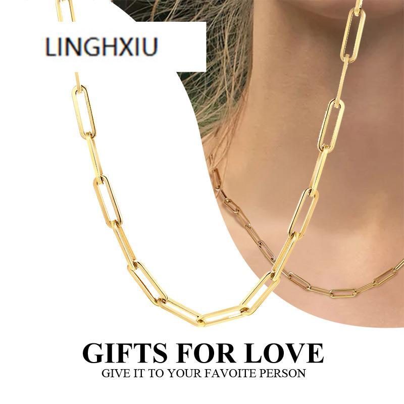Chains Stainless Steel Paperclip Chain Necklace Gold Color Layering Rectangle Link For Women-image-722349390