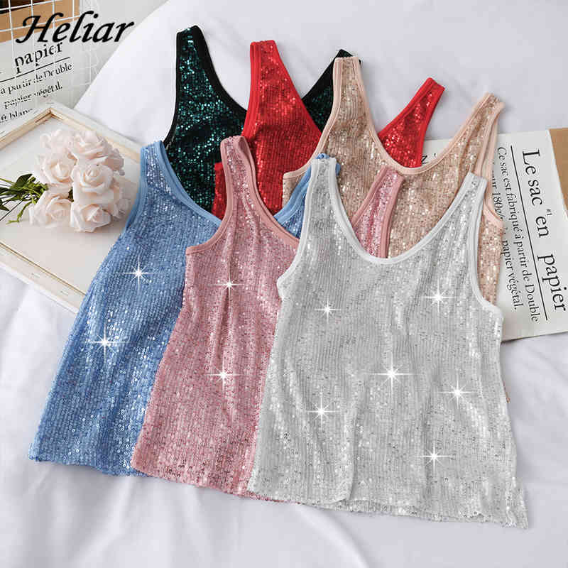 

Sexy Sequined Tank Tops For Women Silver Twinkle Loose Onesize V-Neck Streetwear Fashion Clubwear Party Tanks Camis Vest 210518, White