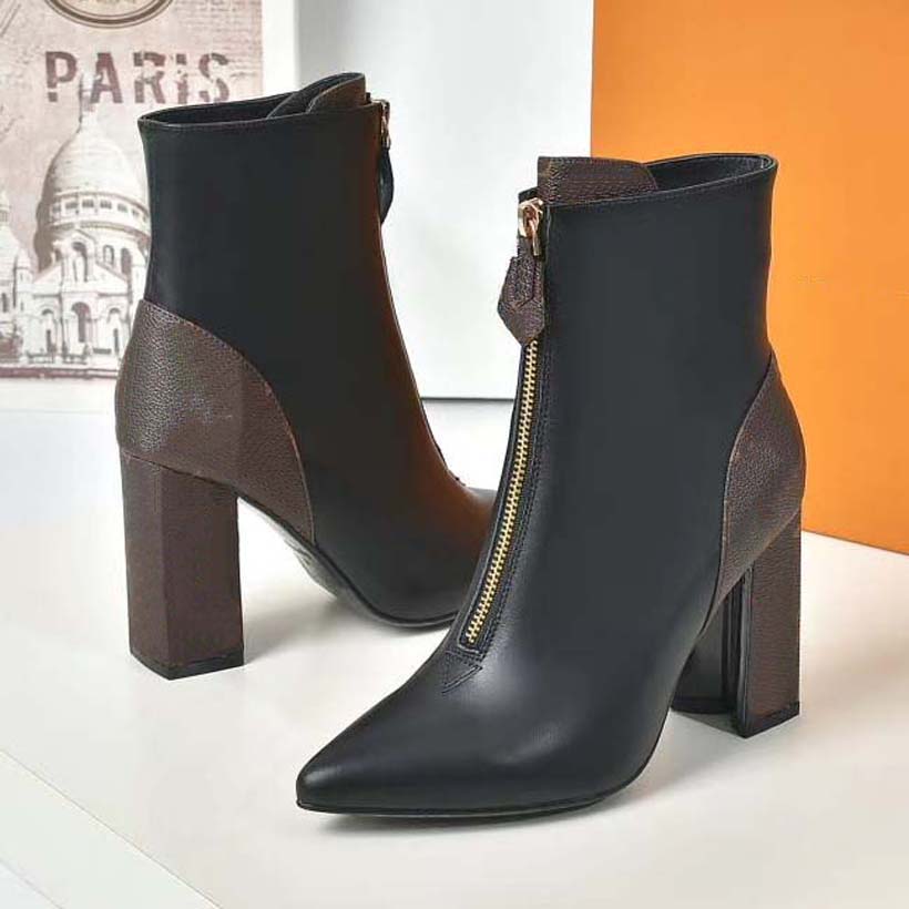 

Top Quality High Heeled Designer Boots Autumn Winter Coarse Heel Women Shoes Desert Boot Real Leather Zipper Lace up Fashion Lady Heels Large Brown Brand booties, #22