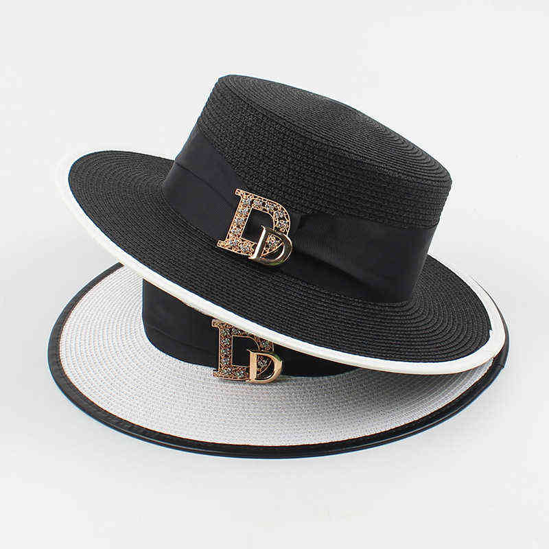

Panama Fashion Ladies Elegant Raffia Straw Hat Rhinestone Letters Vacation Travel High Quality Ladies Summer Topper Banquet Hat Y220301, Beige