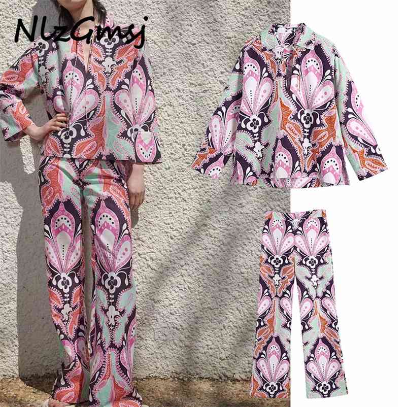 

Two Piece Set Women Blouse+Pant Floral Print Summer Shirt and Trousers for Sets 04 210628, As picture