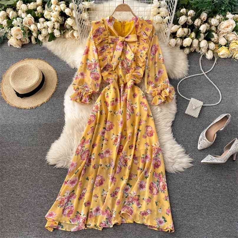 

summer foral print maxi dress women boho nine points sleeve bowtie pleated ruffles beach holiday chiffon long 210603, Pink