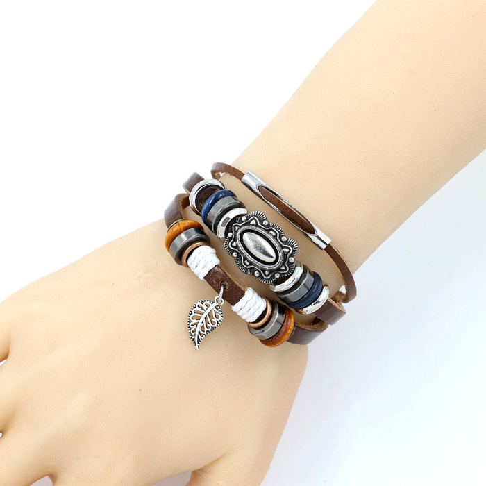 

Genuine Leather Bracelet Multilayer Wrap Leaf Charm Pull String Adjustable Bracelets Bangle Cuff for Women Men Fashion Jewelry