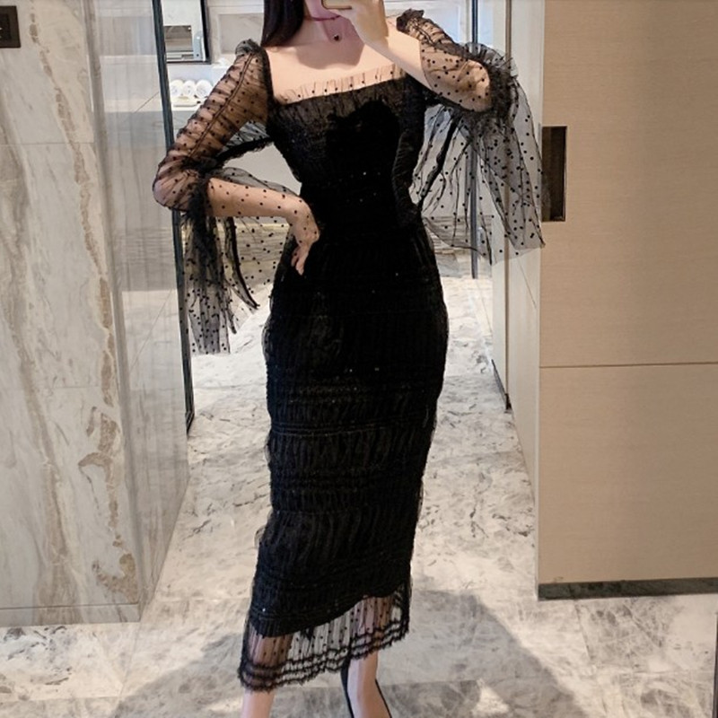 

ZAWFL High Quality Runway Dress Women Elegant Mesh Black Ruffles Long Sleeve Hollow Out Strapless Lace Party 210525, Picture color