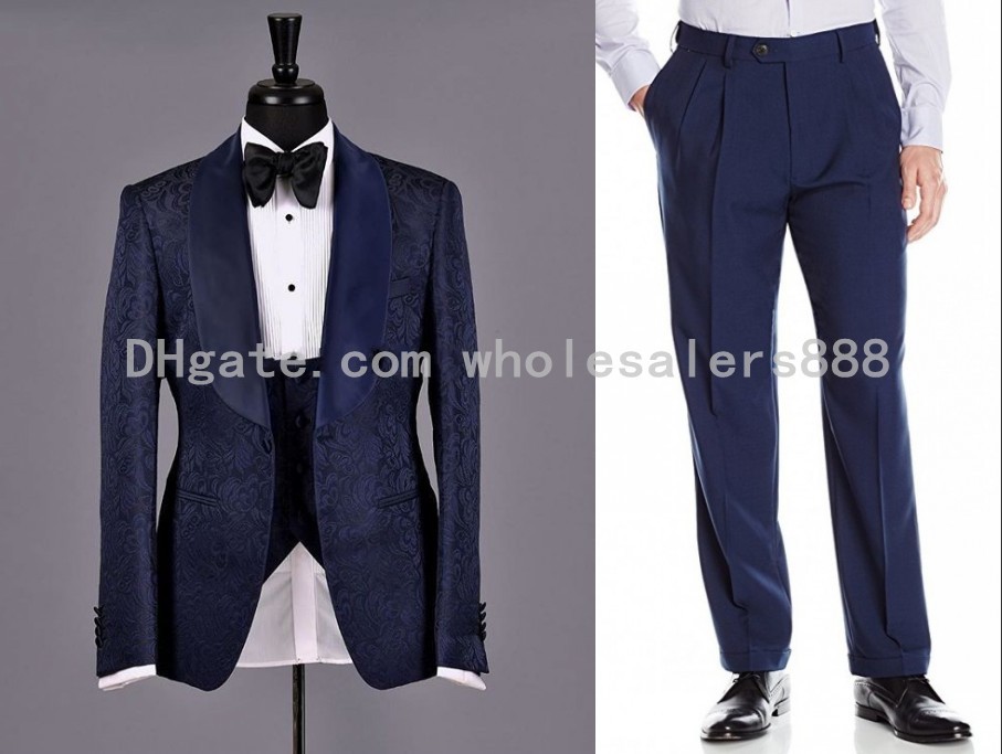 

Men's Suits & Blazers Style Men Navy Blue Pattern Groom Tuxedos Shawl Satin Lapel Groomsmen Wedding Man ( Jacket+Pants+Vest+Bow Ti, Style 1