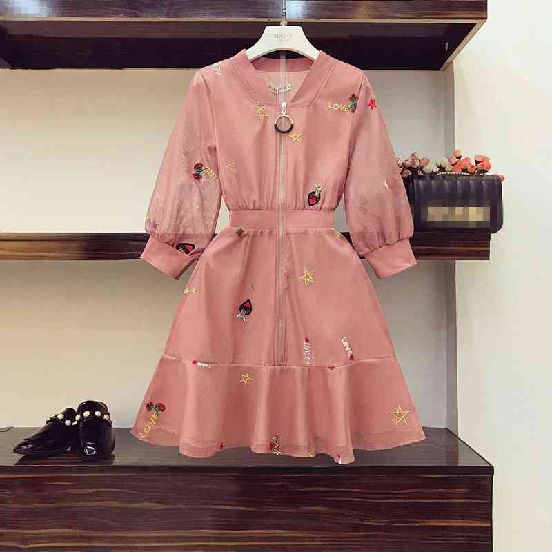 

Women's Clothing Summer Fashion Pink V-Neck Flower Embroidery Mesh Dress Lantern Sleeve Black A-line Short Dresses 210525