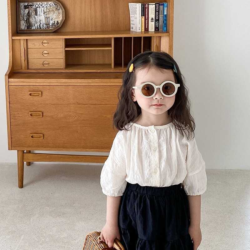 

Summer baby girls fashion single breasted half sleeve shirts korean style casual all-match loose Tops 210615, Beige