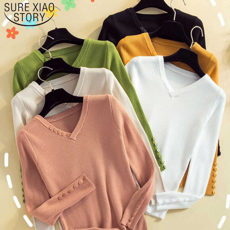 

Autumn Fashion Knitted Sweater Women Slim Solid Women Shirts V-Neck Pullover Sweater Simple Long Sleeve Femme 7251 50 210527, Apricot