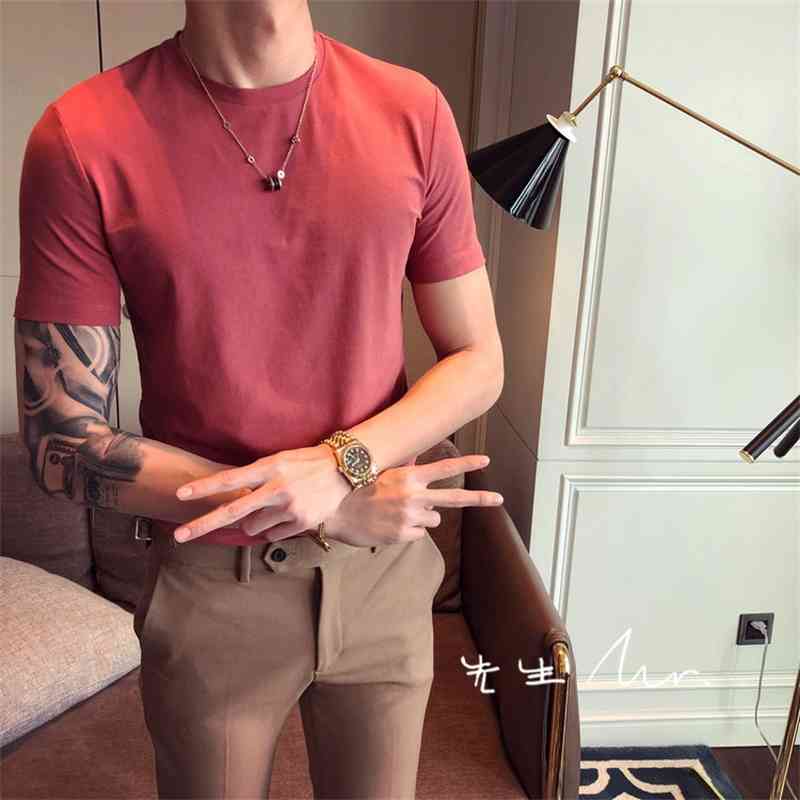 

Summer Korean Cotton Round Neck Short Sleeve T-shirt Half Sleeve Men's Top Slim Fit Elastic Solid Color T-shirt Bottoming Fashion, White;black