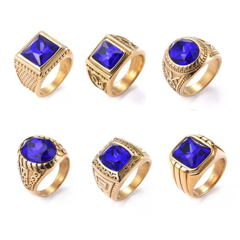 

Cluster Rings Retro Gold Ring Class Medieval Style Punk Men's Square Blue Stone For Male Antique Color