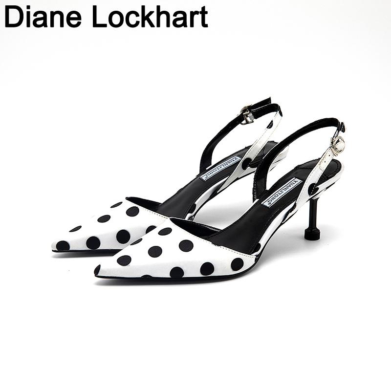 

Dress Shoes Women Sandals Summer Polka Dot Pointed Toe Stripe Thin Heel Ladies Pumps Comfortable Slip On Sandalias Mujer 2021, Black