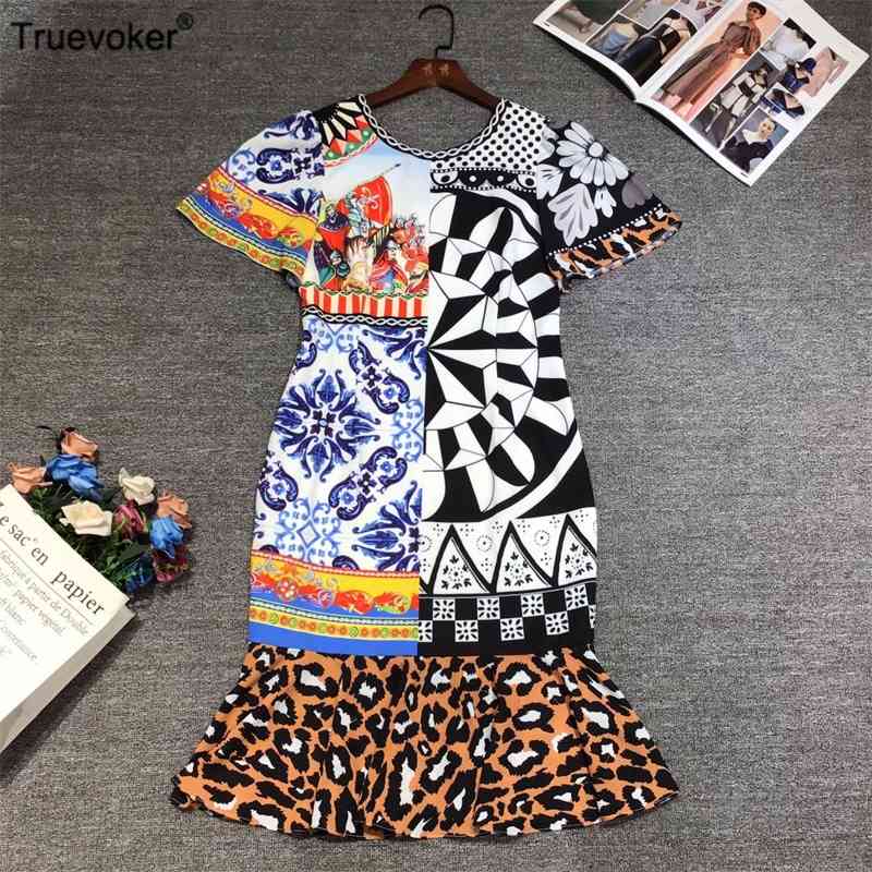 

Truevoker Runway High Street Bohemian Print Dres Short Sleeve Retro Floral Midi Long Mermaid Mujer Robe Vestido 210602, Multi